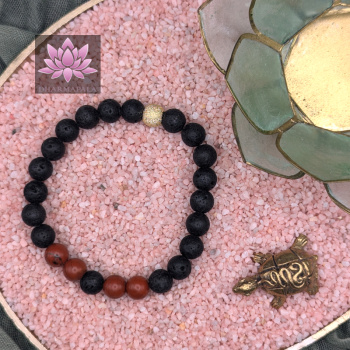 Diffusor Armband - Lavastein & Roter Jaspis mit vergoldeter diamantierter Silberperle