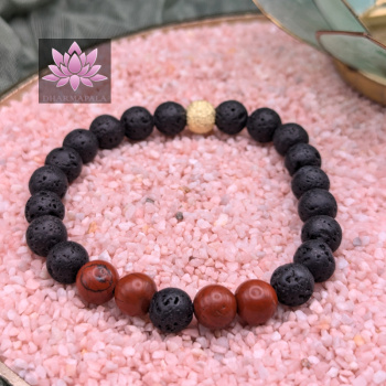 Diffusor Armband - Lavastein & Roter Jaspis mit vergoldeter diamantierter Silberperle