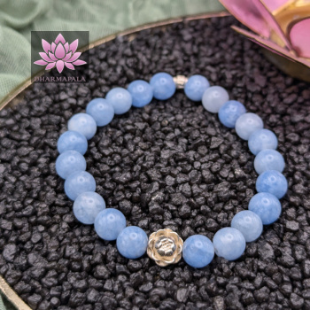Aquamarin Mala Armband mit Lotusblüte aus 925er Sterling Silber