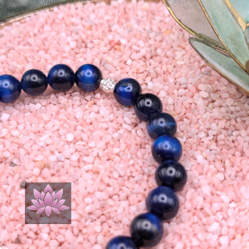 Blauer Tigerauge Mala Armband mit Lotusblüte aus 925er Sterling Silber