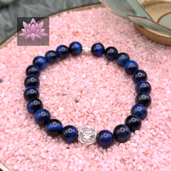 Blauer Tigerauge Mala Armband mit Lotusblüte aus 925er Sterling Silber