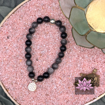 Silberglanzobsidian Mala Armband mit Lebensblume-Anhänger und Silberperle