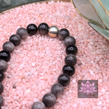 Silberglanzobsidian Mala Armband mit Lebensblume-Anhänger und Silberperle