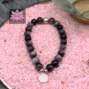 Silberglanzobsidian Mala Armband mit Lebensblume-Anhänger und Silberperle