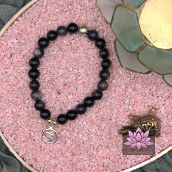 Silberglanzobsidian Mala Armband mit OM-Anhänger und Silberperle