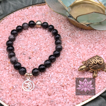 Silberglanzobsidian Mala Armband mit OM-Anhänger und Silberperle