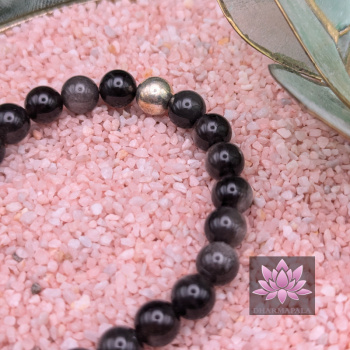 Silberglanzobsidian Mala Armband mit OM-Anhänger und Silberperle