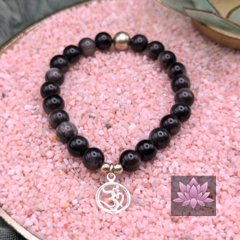 Silberglanzobsidian Mala Armband mit OM-Anhänger und Silberperle