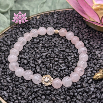 Rosenquarz Mala Armband mit Lotusblüte aus 925er Sterling Silber