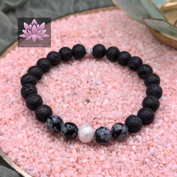 Diffusor Armband - Lavastein & Schneeflockenobsidian mit diamantierter Silberperle