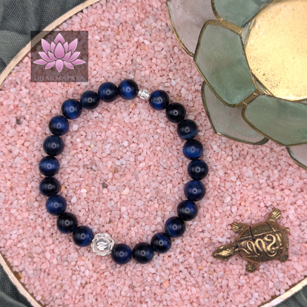 Blauer Tigerauge Mala Armband mit Lotusblüte aus 925er Sterling Silber