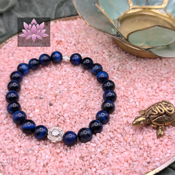 Blauer Tigerauge Mala Armband mit Lotusblüte aus 925er Sterling Silber