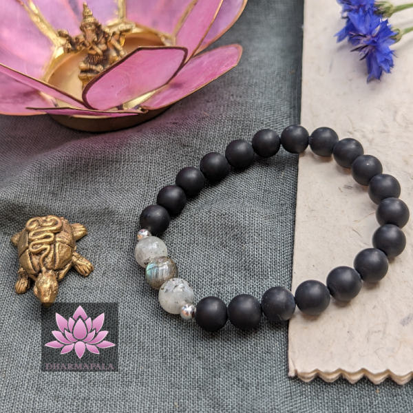 Matter Onyx & Labradorit mit Mini-Silber-Perlen